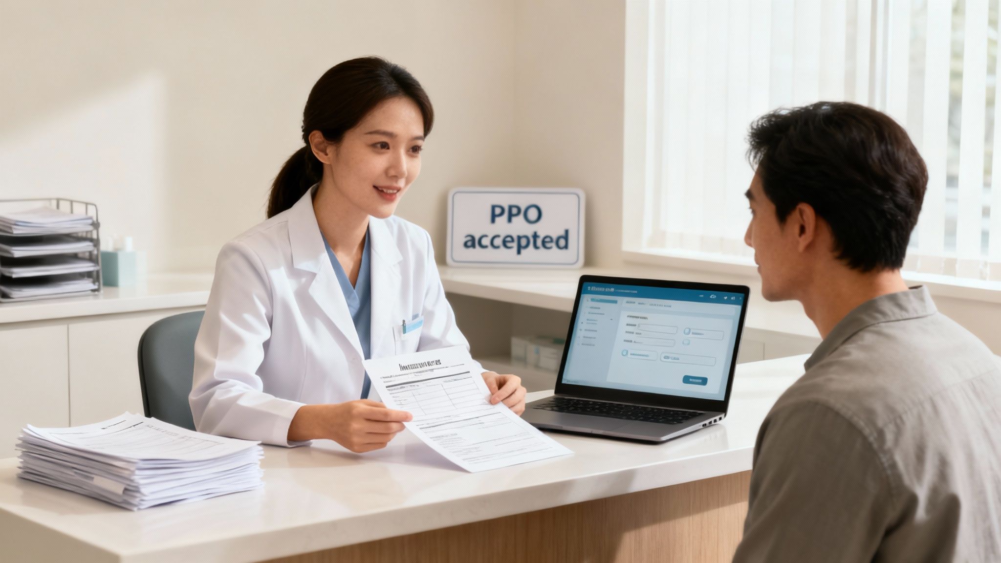 An insurance-friendly dentist at Beyond Dental Care discusses a PPO dental insurance plan with a patient in Glendale, AZ.