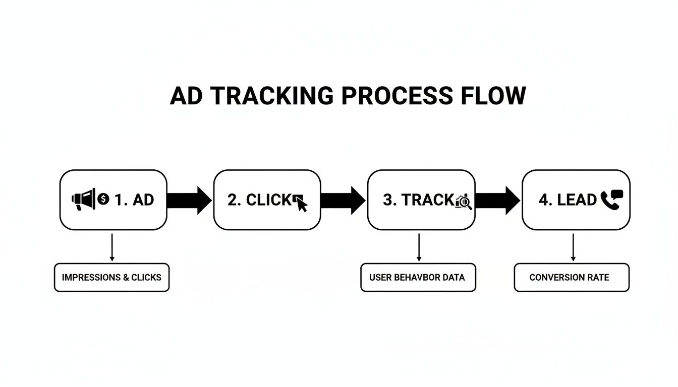 Flowchart illustrating the ad tracking process from ad display to lead generation, detailing impressions, clicks, user behavior, and conversion rates.