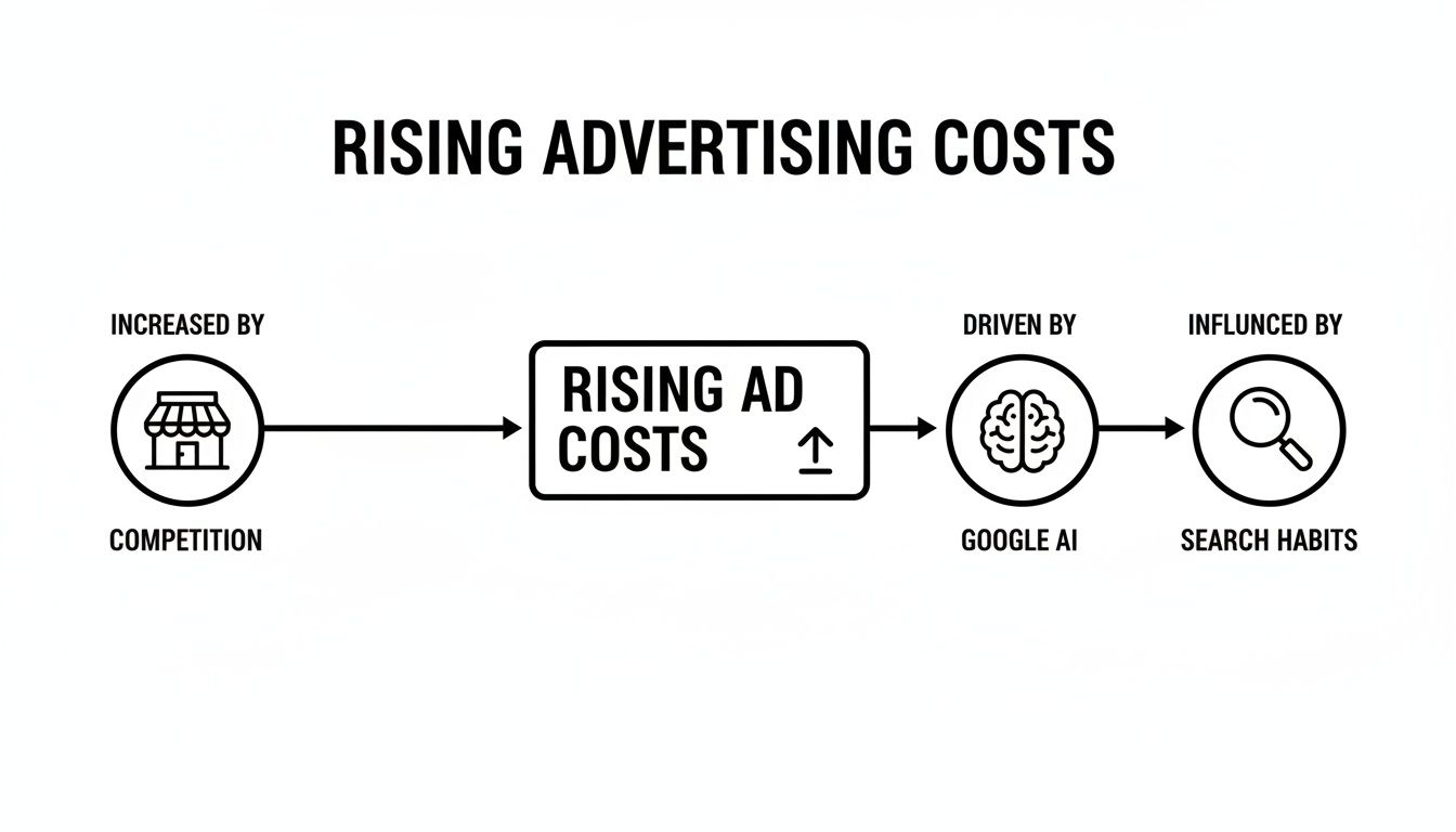 Diagram illustrating how competition, Google AI, and search habits contribute to rising advertising costs.
