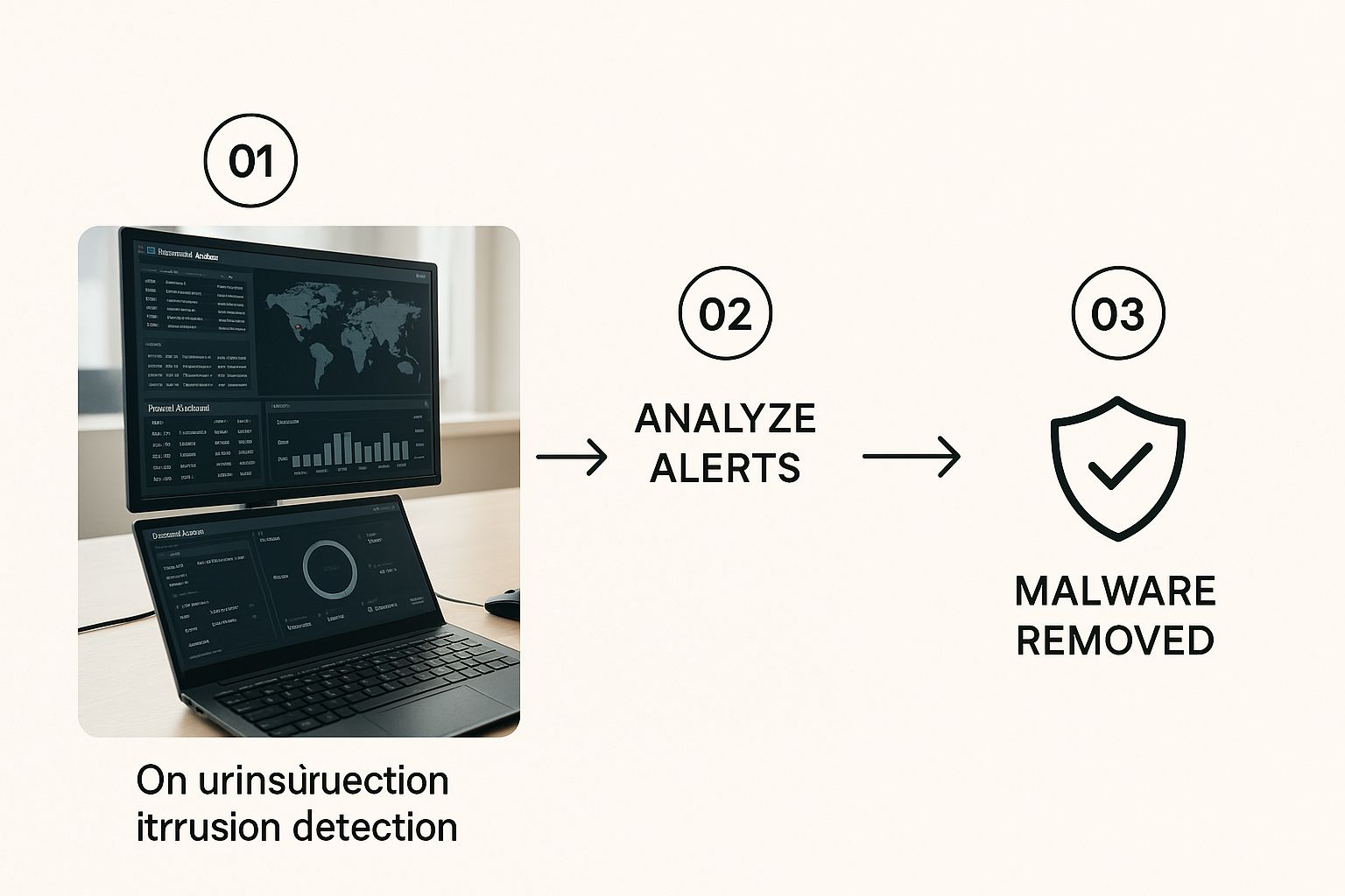 Infographic about network security monitoring showing a close-up of a cybersecurity analyst’s workstation with intrusion detection software and firewall dashboards on screens.