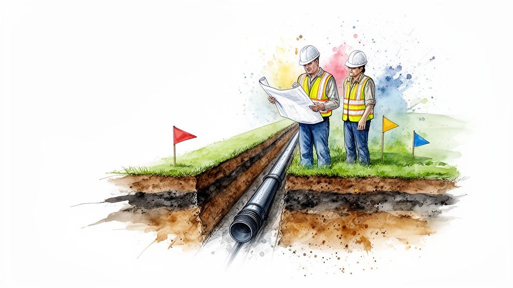 Two construction workers in safety gear inspect blueprints over a trench with a newly laid pipe.