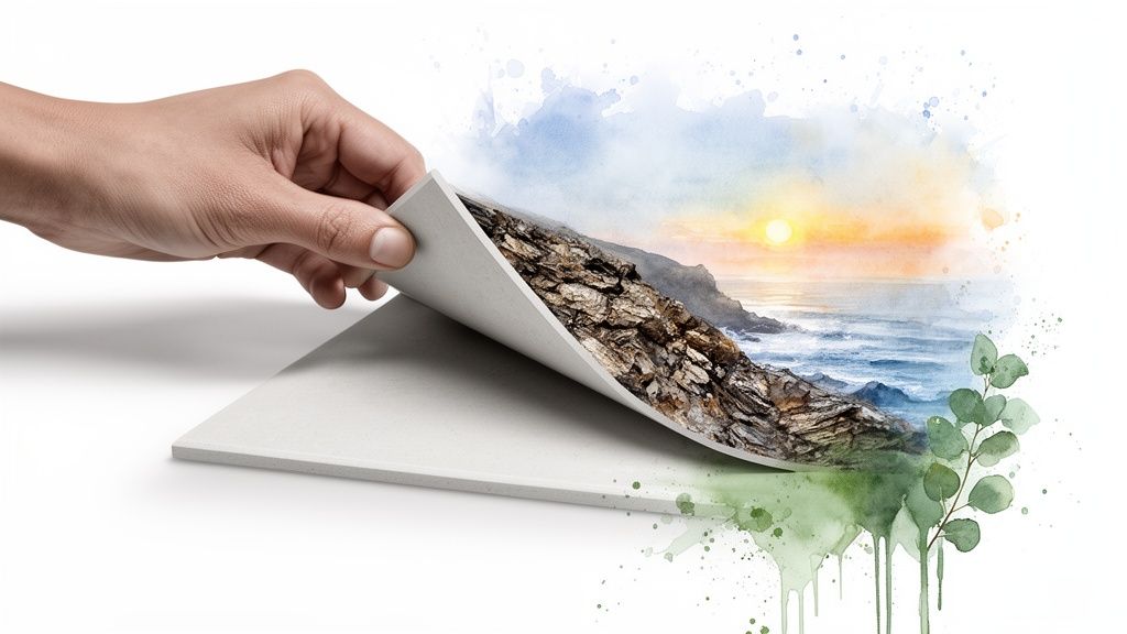 A hand lifts a grey surface, revealing a vibrant watercolor landscape of a rocky coast and sunset.