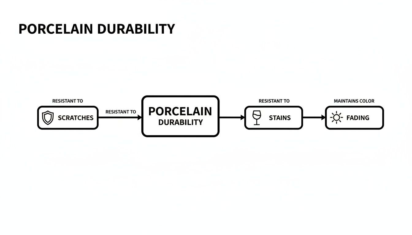 A flowchart detailing porcelain durability, showcasing its resistance to scratches, stains, and fading.