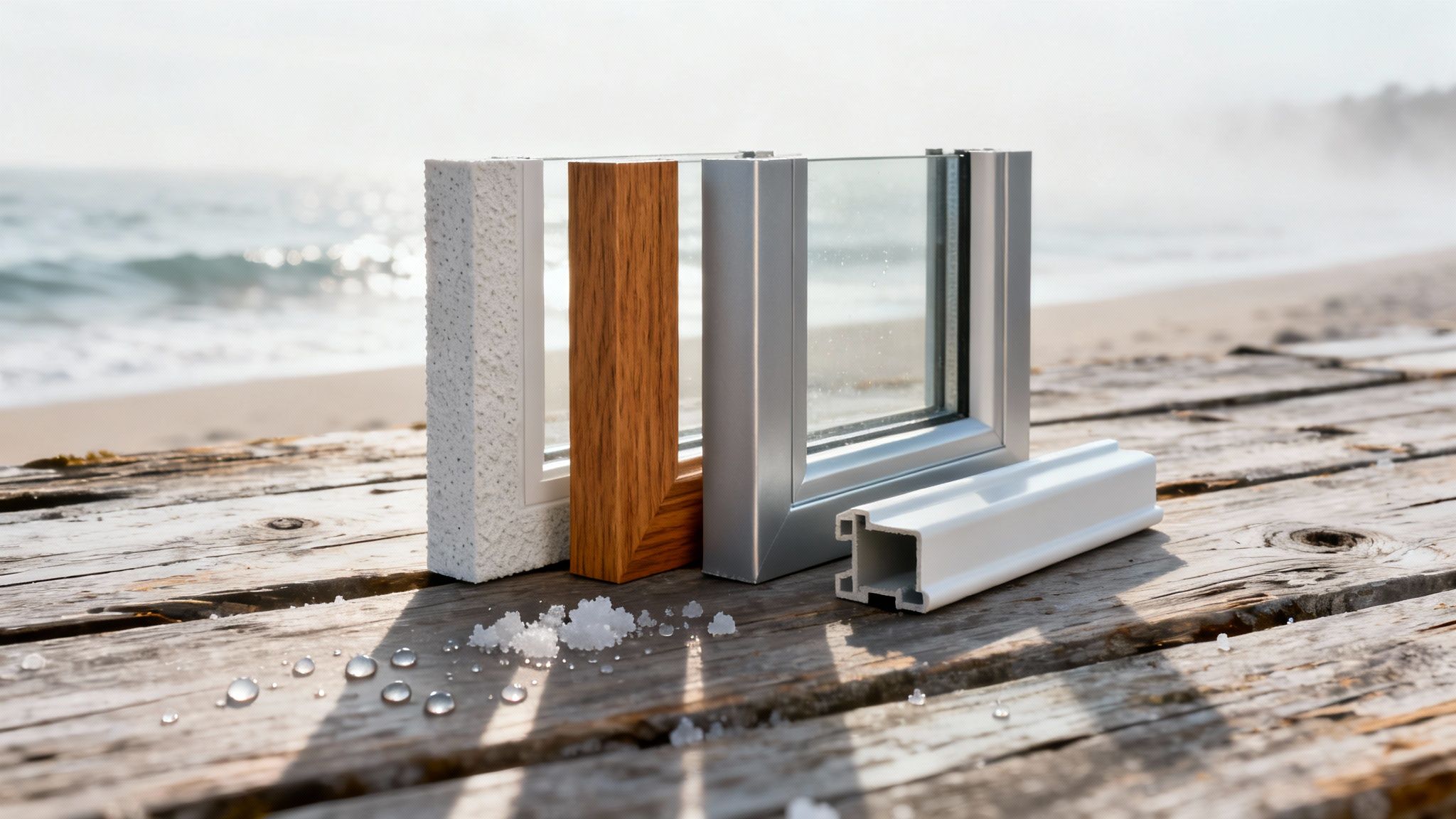 A close-up view of a durable, modern fiberglass window frame installed in a coastal home.