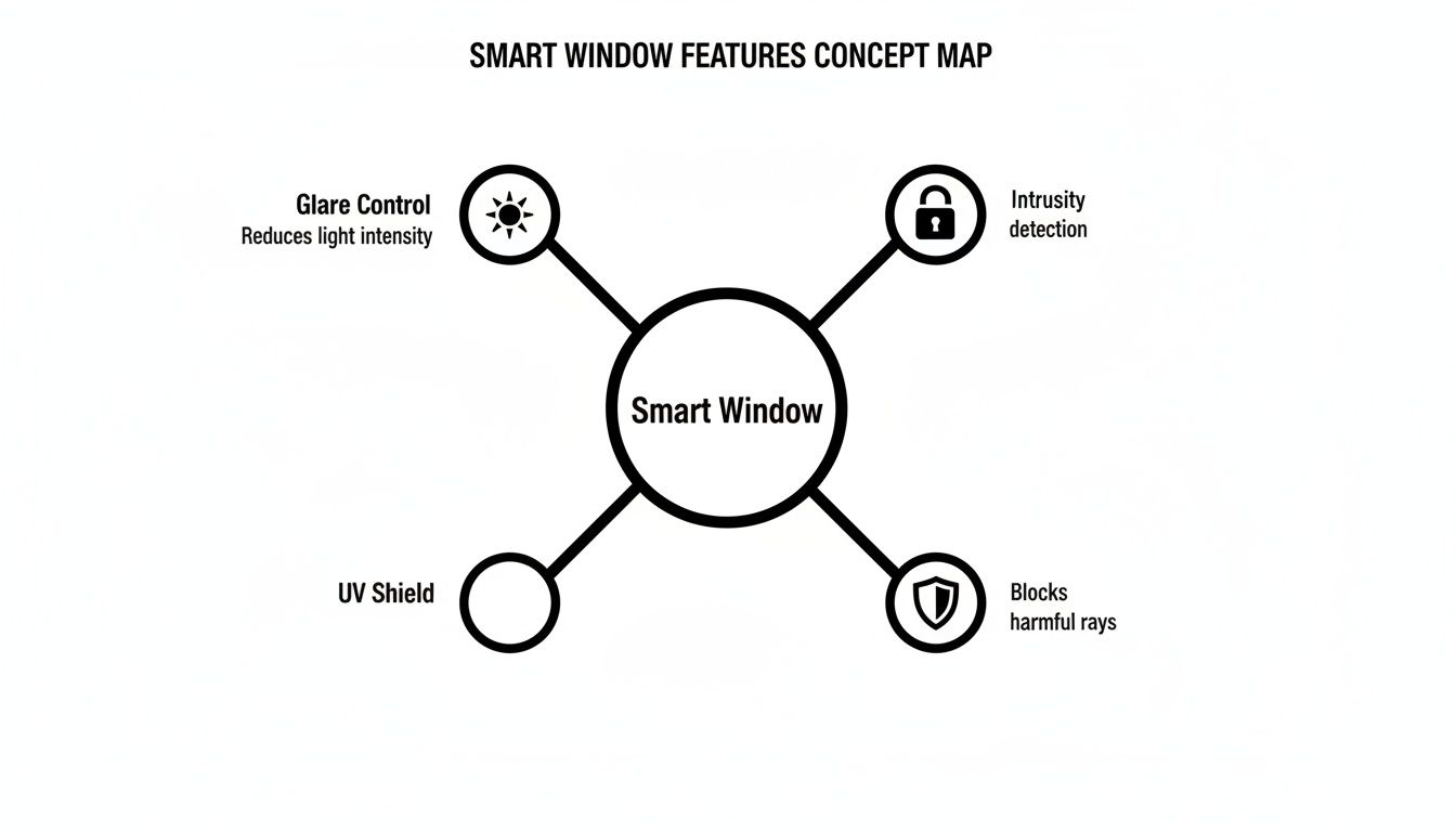 A concept map illustrating smart window features: glare control, intrusity detection, UV shield, and blocking harmful rays.