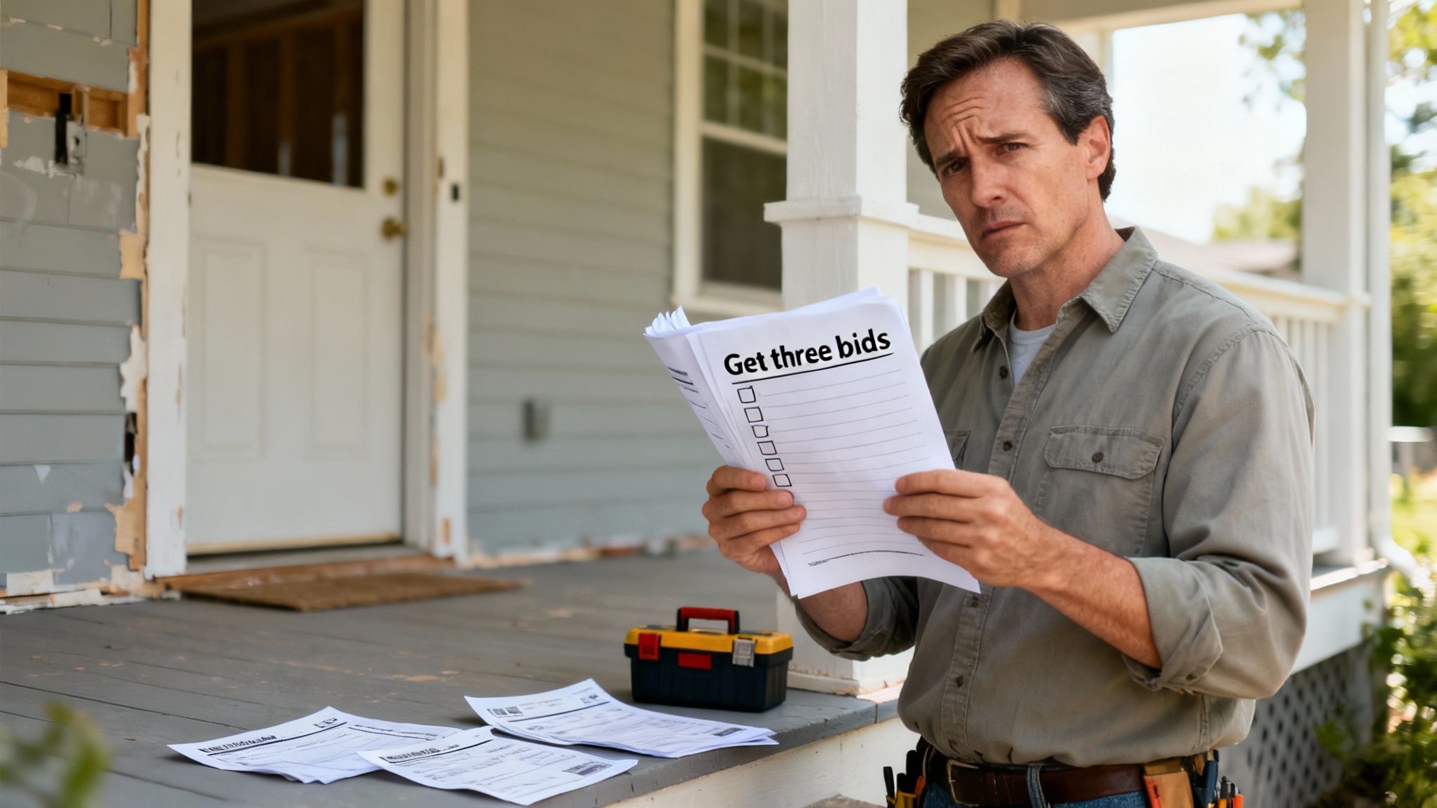 A homeowner on a porch looks concerned while holding a checklist to "Get three bids".