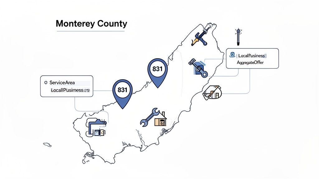 Map of Monterey County with 831 zip code markers highlighting local businesses and service areas.
