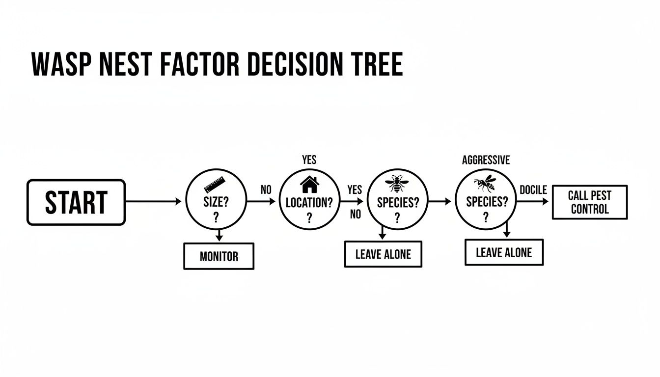 A wasp nest factor decision tree flowchart guiding actions based on nest size, location, and species aggressiveness.