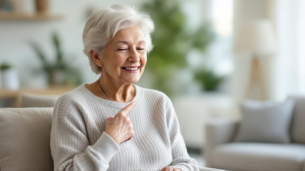 An elderly woman using a medical alert device to call for help, demonstrating the ease of use and immediate connection to emergency services.