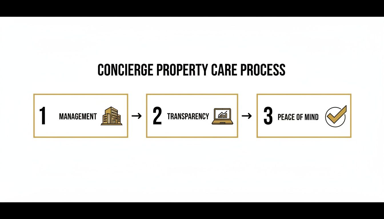 Infographic showing a three-step concierge property care process: Management, Transparency, and Peace of Mind.