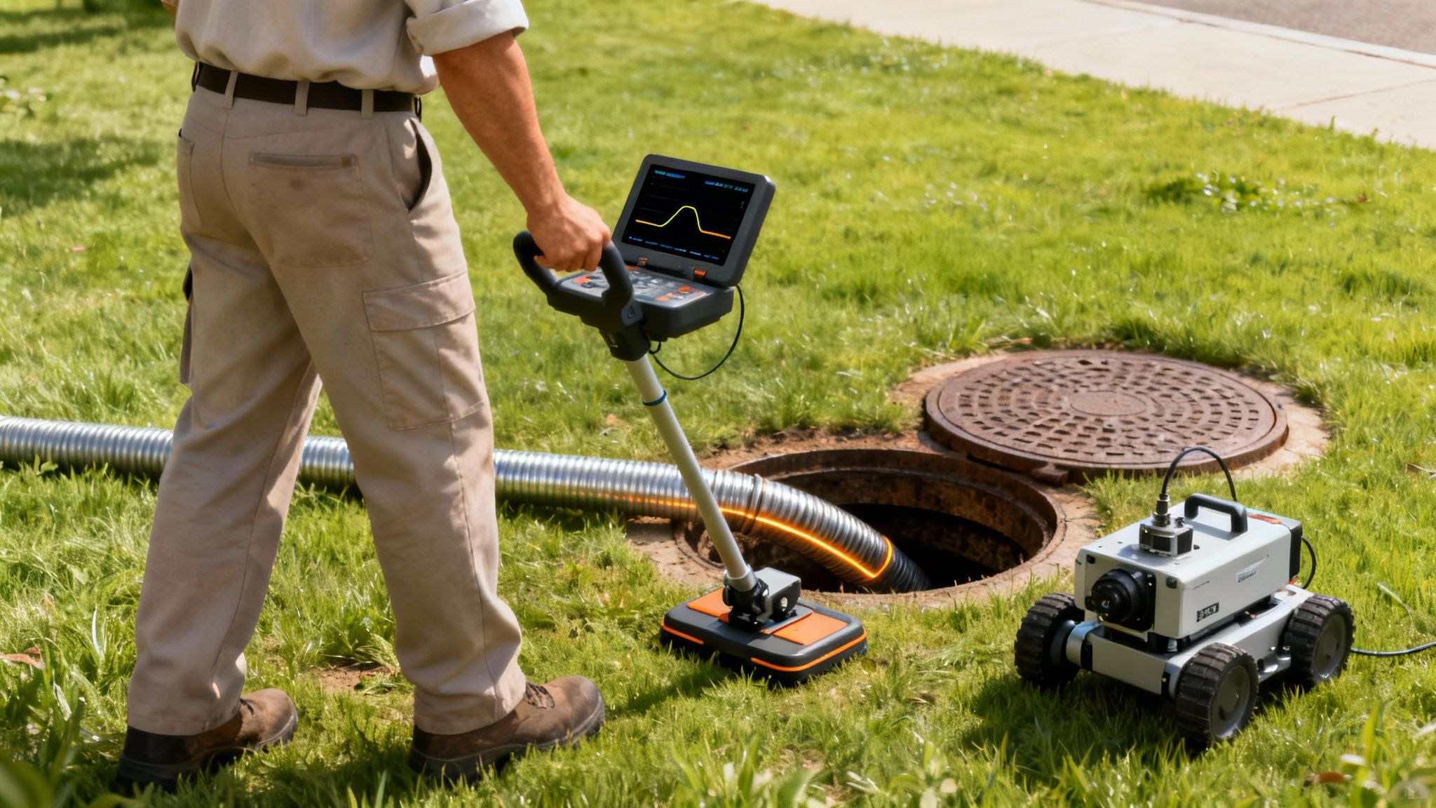 Who Owns That Pipe? Property Lines and Underground Utilities 3 Professional technician using ground penetrating radar to detect underground utilities near open manhole