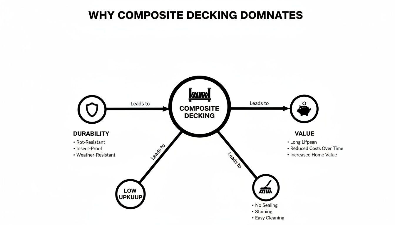 Diagram explaining why composite decking dominates, highlighting durability, value, and low maintenance benefits.