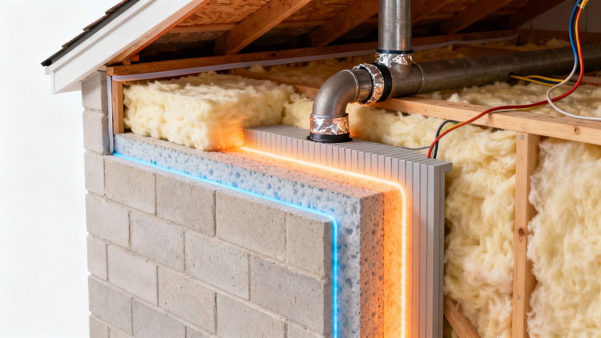Illustration of a building's wall and attic with insulation, ductwork, and glowing energy lines.