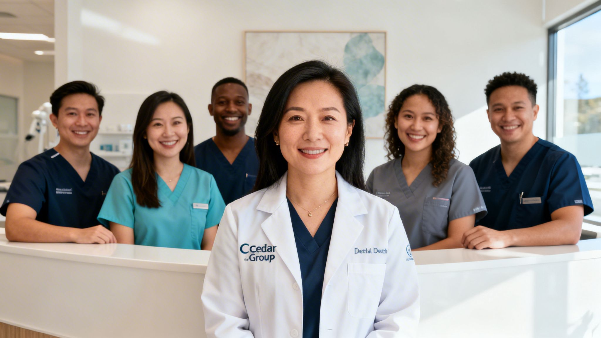 A smiling, diverse dental team including a female dentist in a lab coat at a modern clinic.