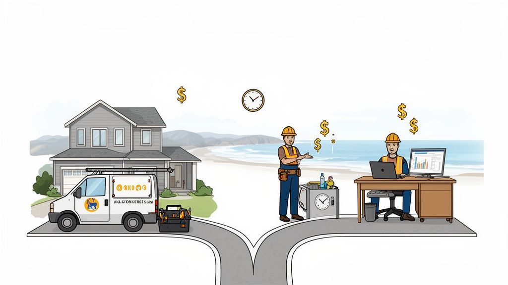 Cartoon illustrating a choice between home service work and office work with money and time.
