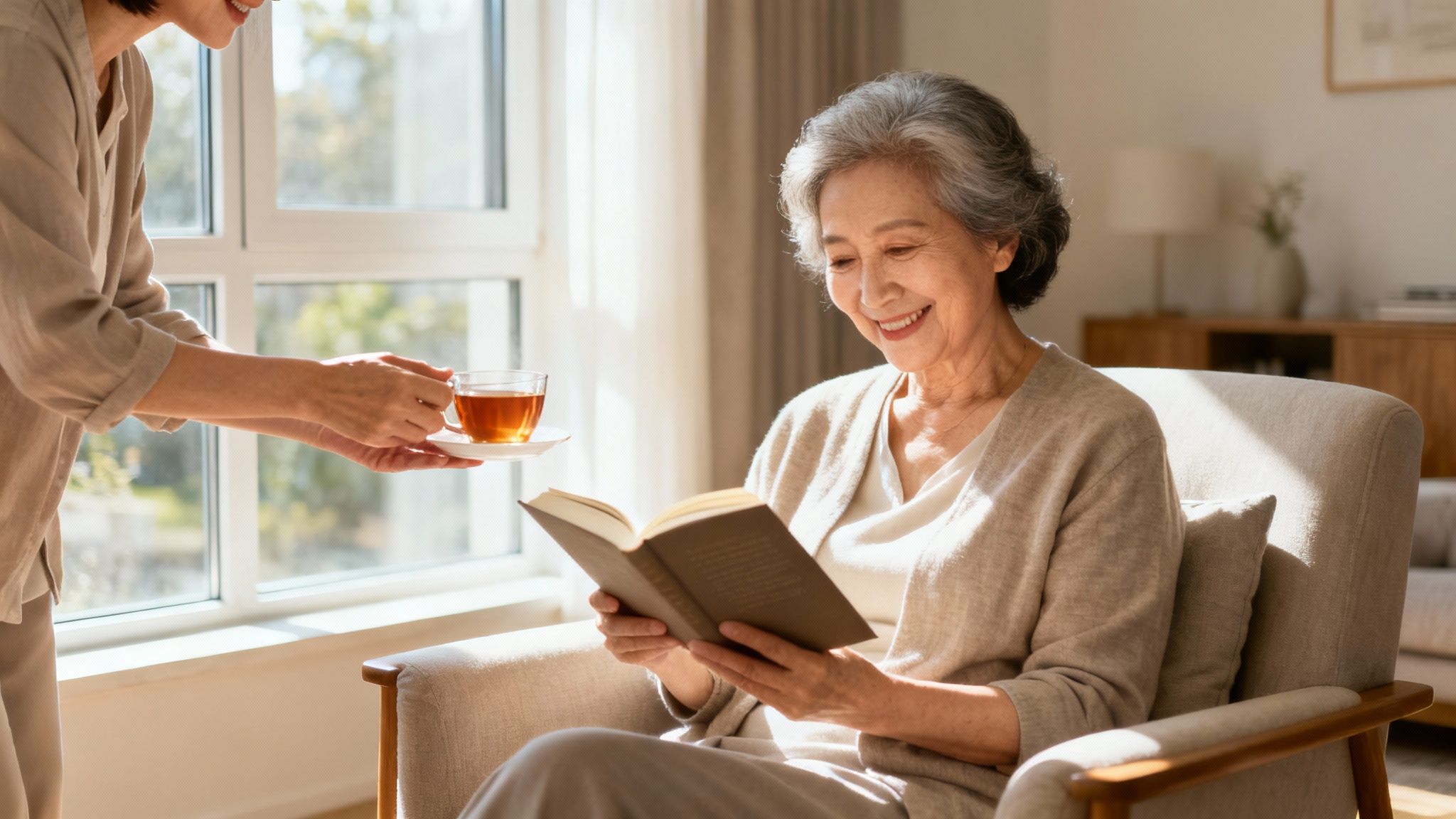 A smiling senior Asian woman enjoys reading a book as she receives a cup of tea at home.