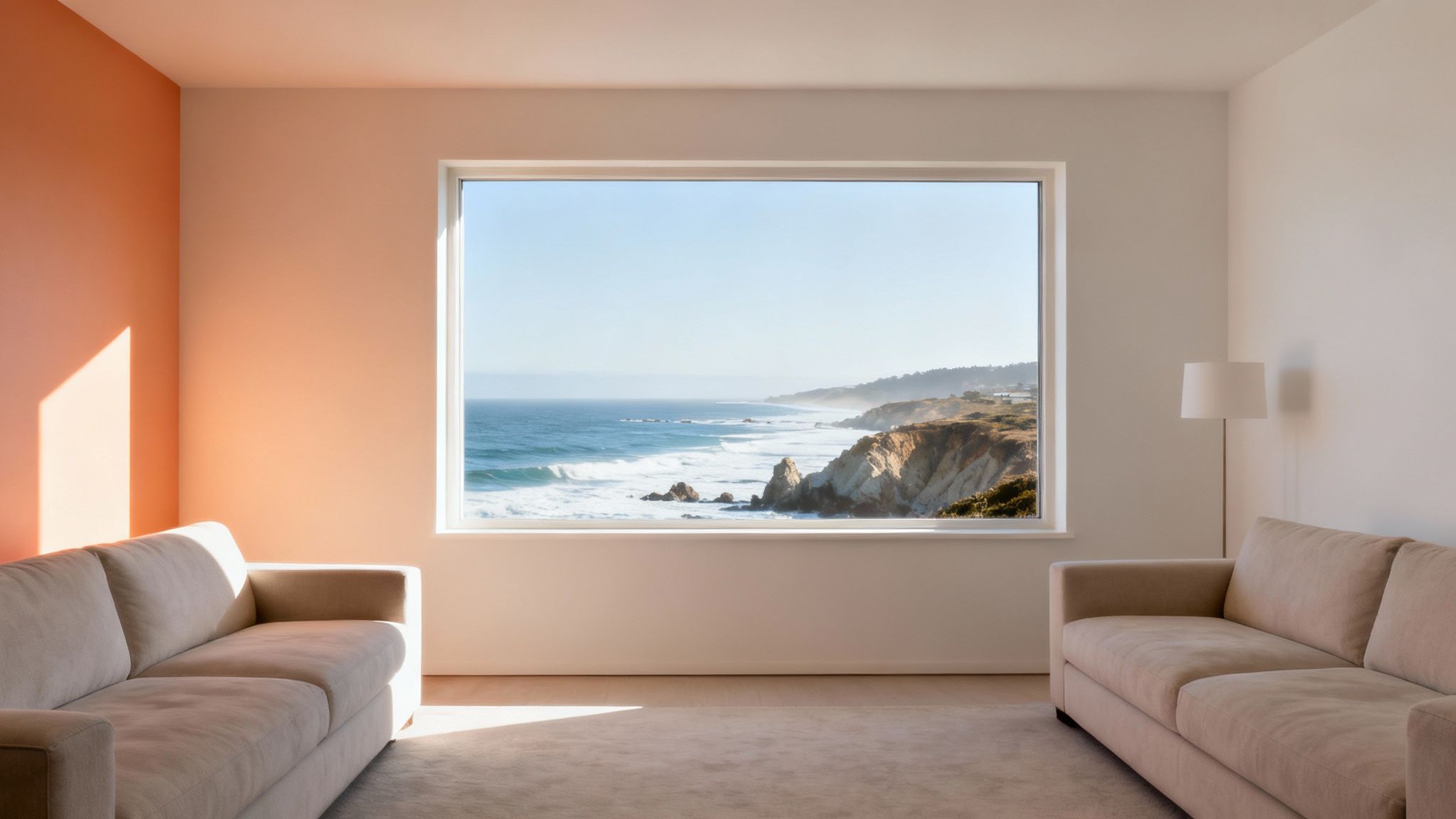 A bright living room with two beige sofas and a large window showcasing a stunning ocean view.