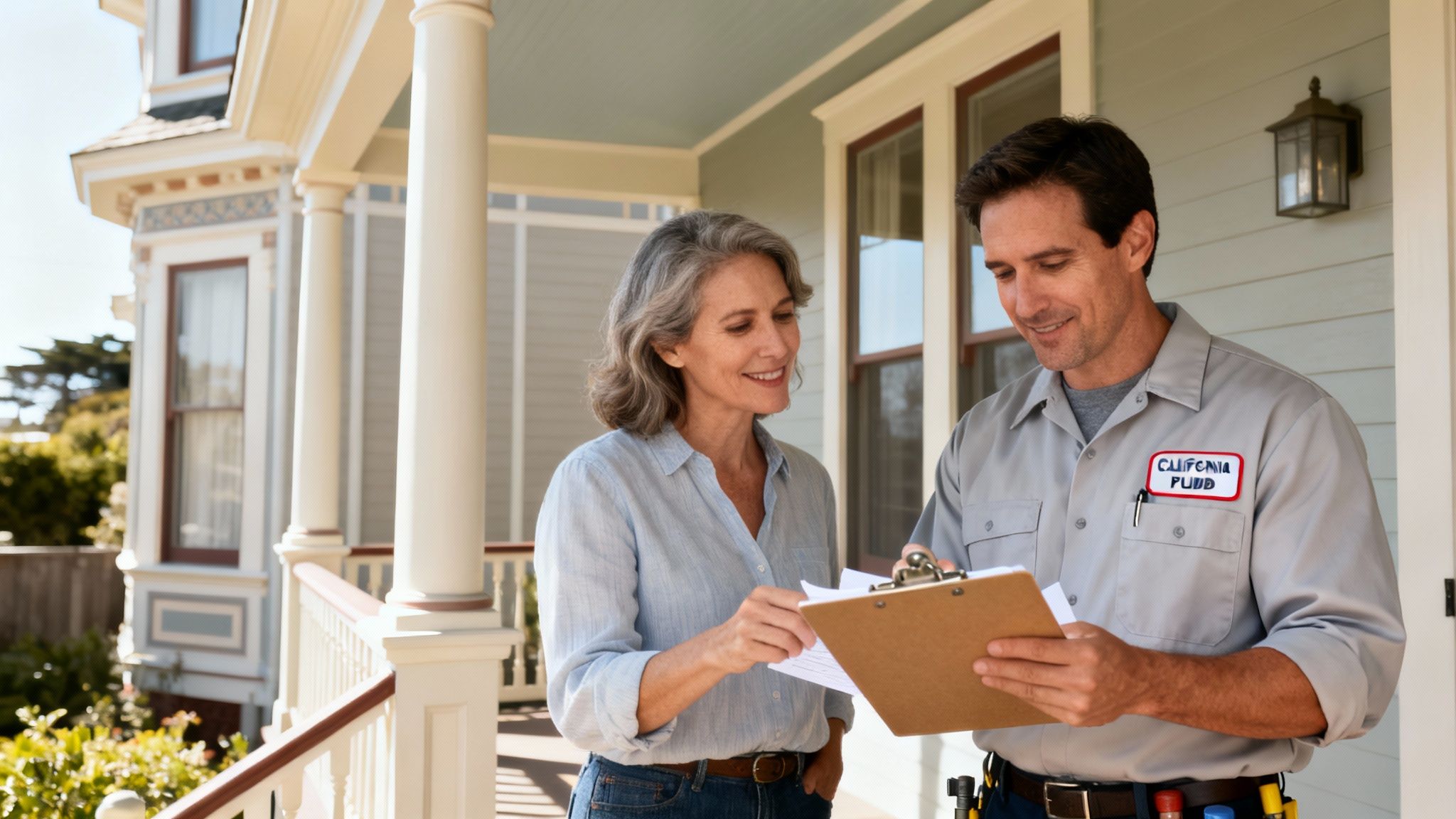 A professional plumber in uniform shows paperwork to a smiling female client at her home's entrance.