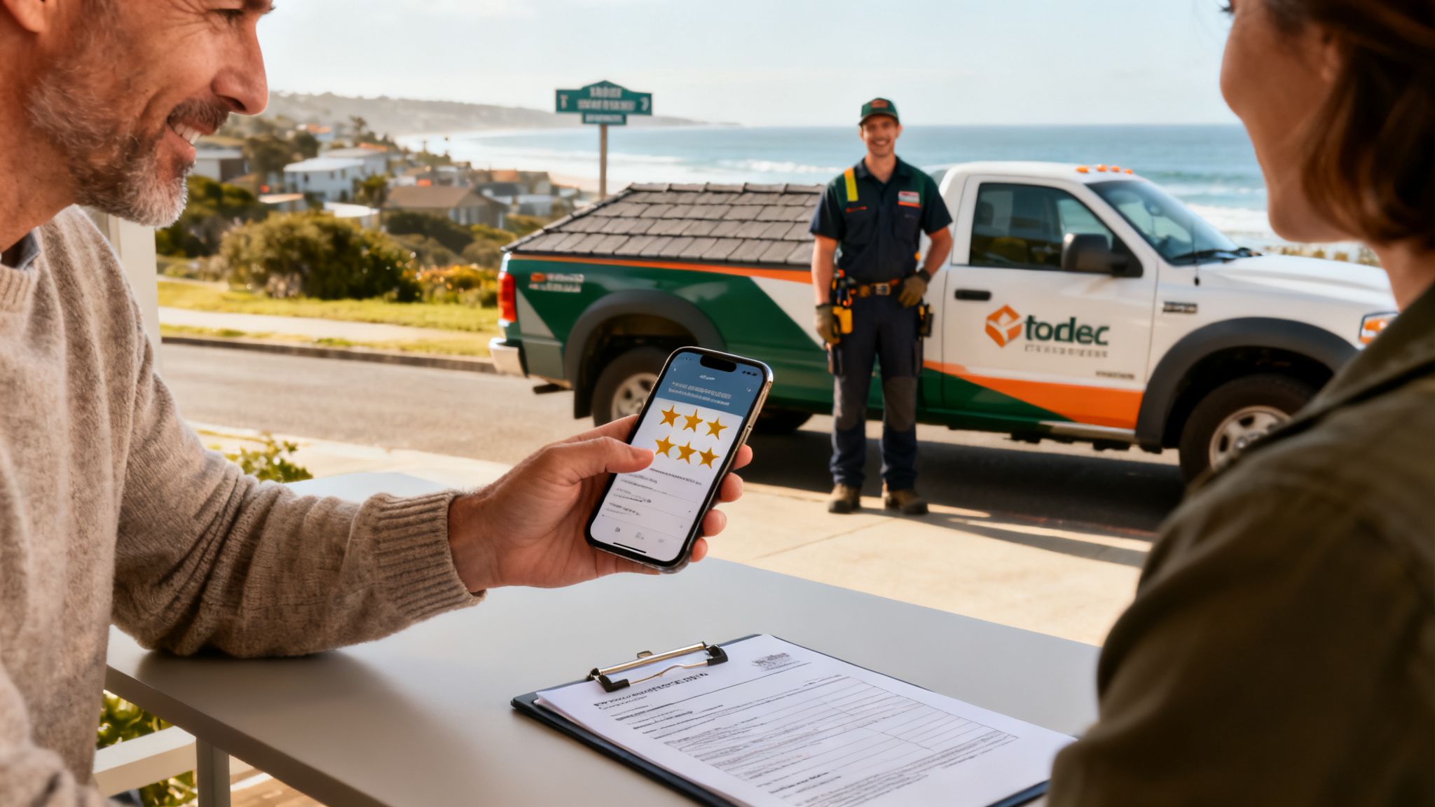 Man rates Todec service five stars on his phone, technician stands by truck at a beachside home.