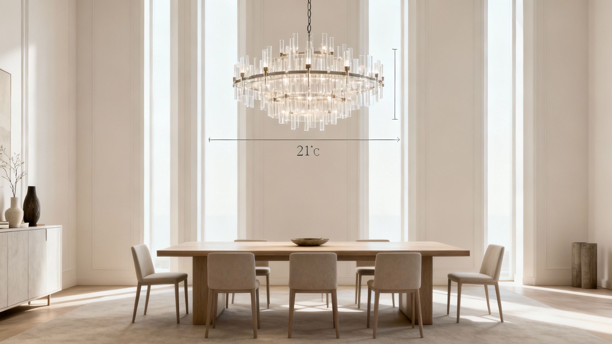 A perfectly placed chandelier hanging at the correct height over a wooden dining table.