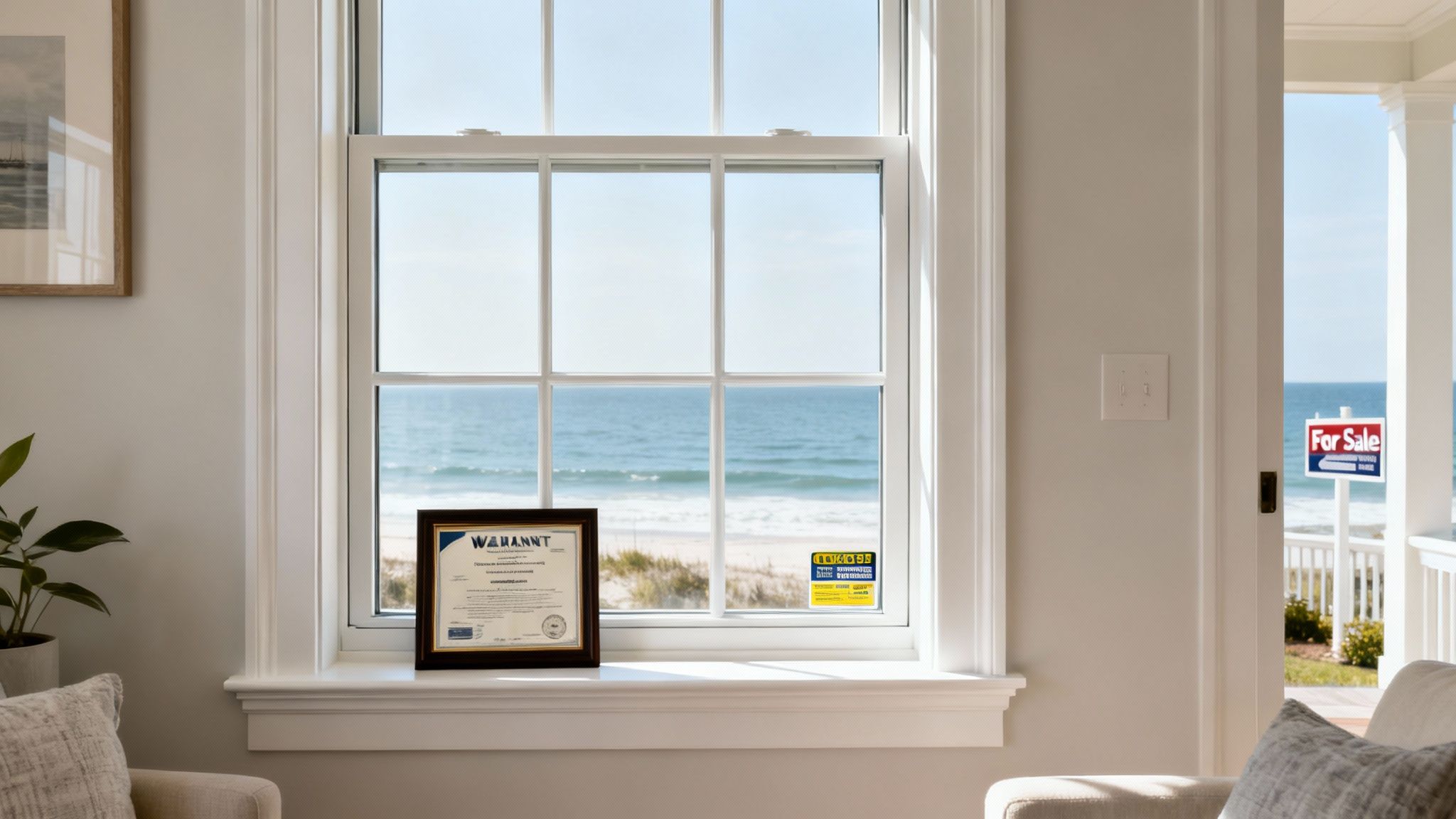 A bright interior window offers a view of a sandy beach, blue ocean, and a 'For Sale' sign outside.
