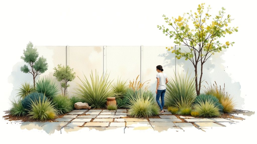 A thoughtfully designed garden with drought-tolerant plants and permeable paver pathways.