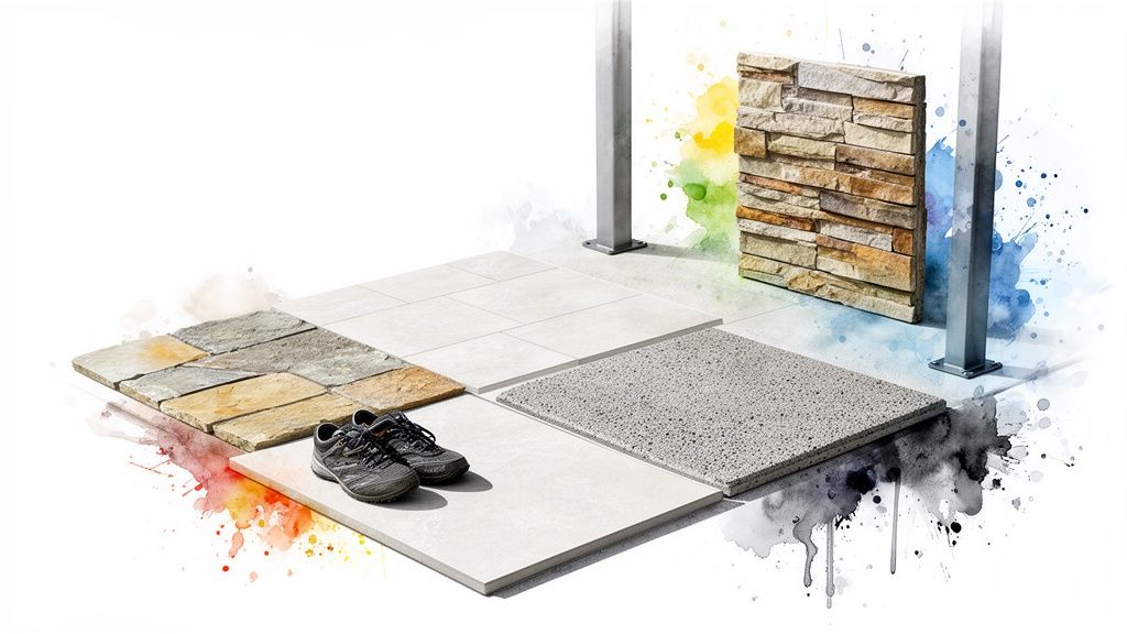 A display of various outdoor paving materials including flagstones, concrete, and stacked stone.