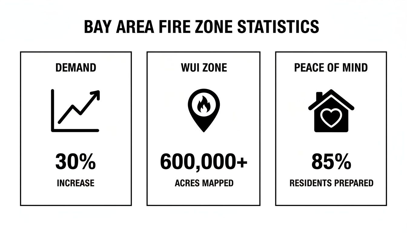 Protect Your Build: Fire-Resistant Essentials for Bay Area Construction 1 Infographic showing Bay Area fire zone statistics, including demand increase, mapped acres, and resident preparedness.