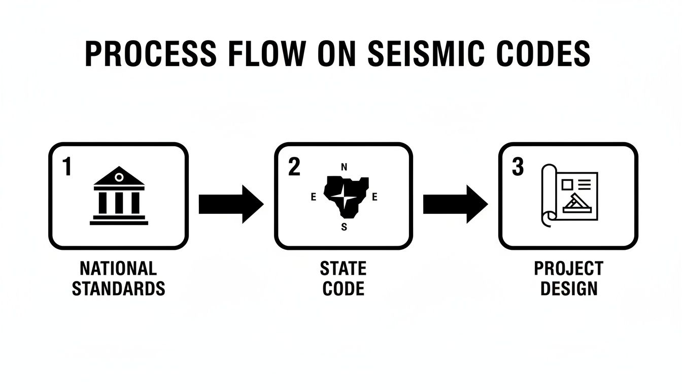 A process flow diagram illustrates seismic codes, moving from national standards to state codes and project design.
