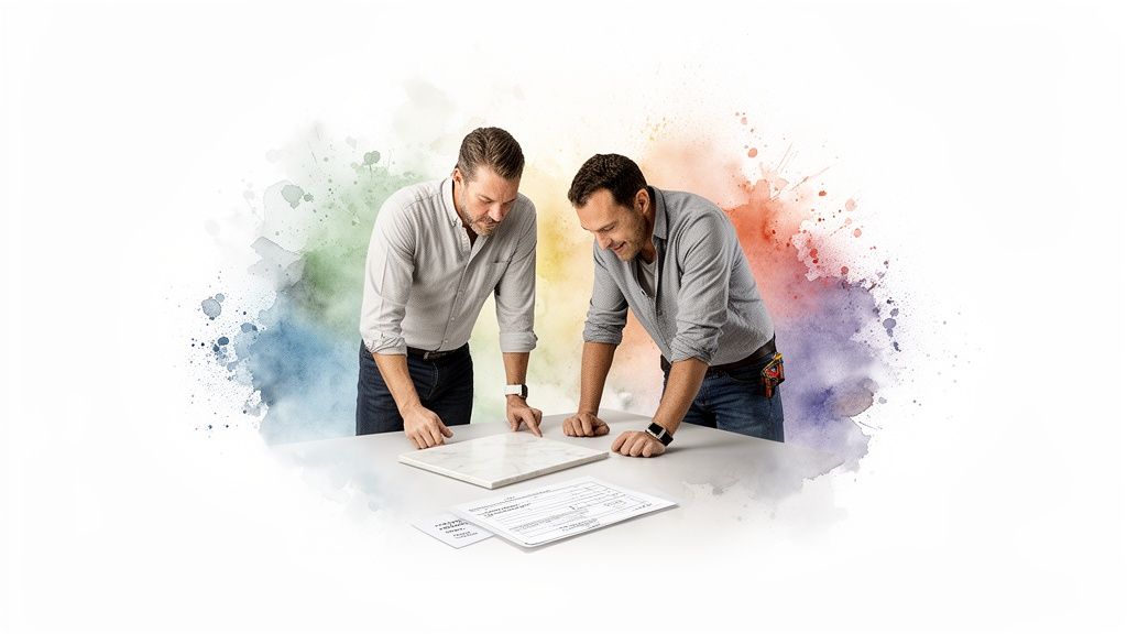 Two men discussing a marble tile sample and documents on a white table.