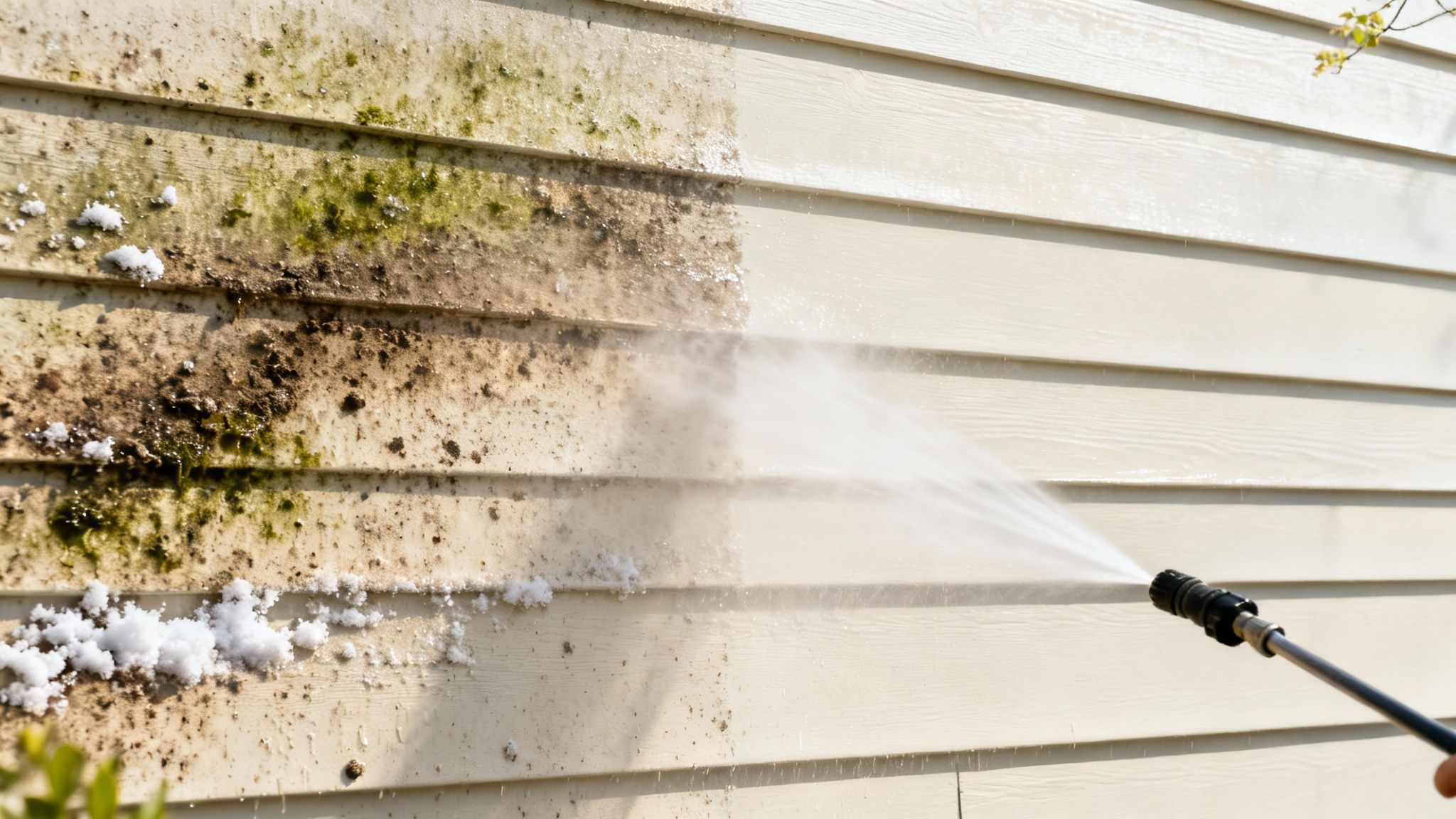 Pressure washing dirty house siding, removing green algae and brown grime for a clean surface.