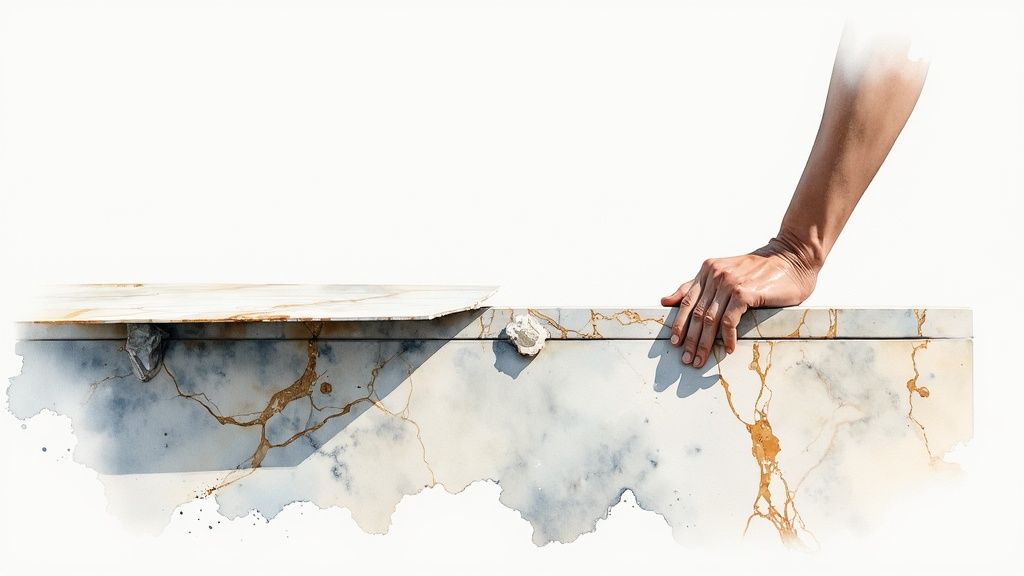 A hand rests on a kintsugi-style marble slab with gold veins and watercolor effects.