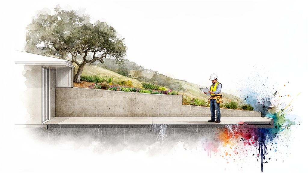Illustration showing a cross-section of a building, a retaining wall, and a landscaped hillside with a worker.
