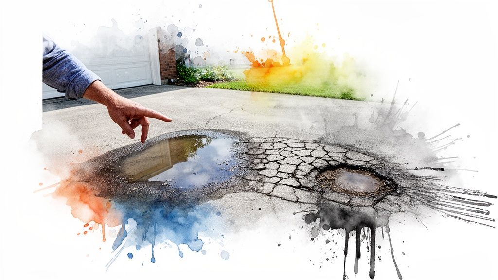 A hand points at a large, water-filled pothole and cracked pavement on a damaged driveway.