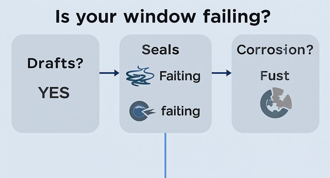 Infographic showing a decision tree for failing windows, starting with drafts and leading to seal failure or corrosion.