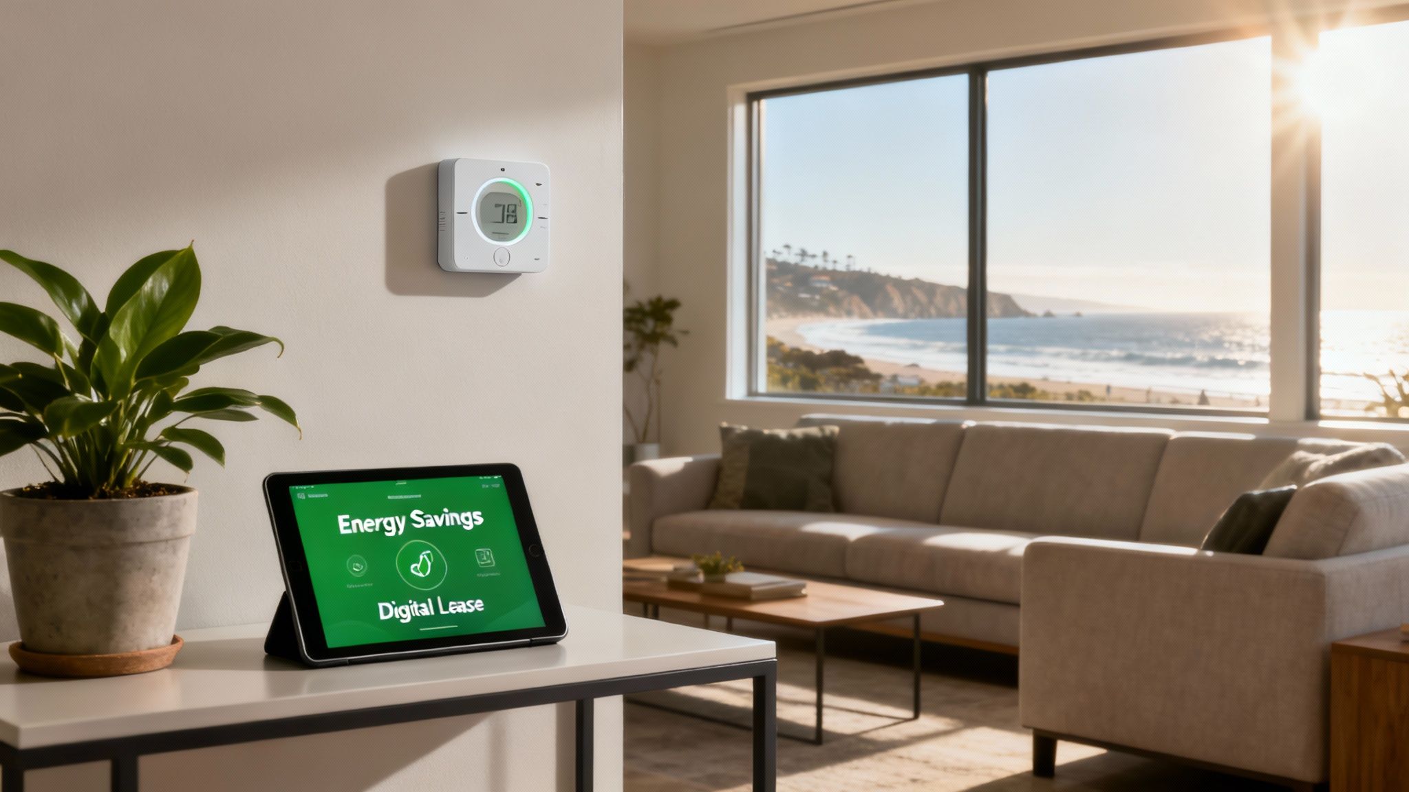A modern living room with a smart thermostat on the wall, showing energy-saving settings.