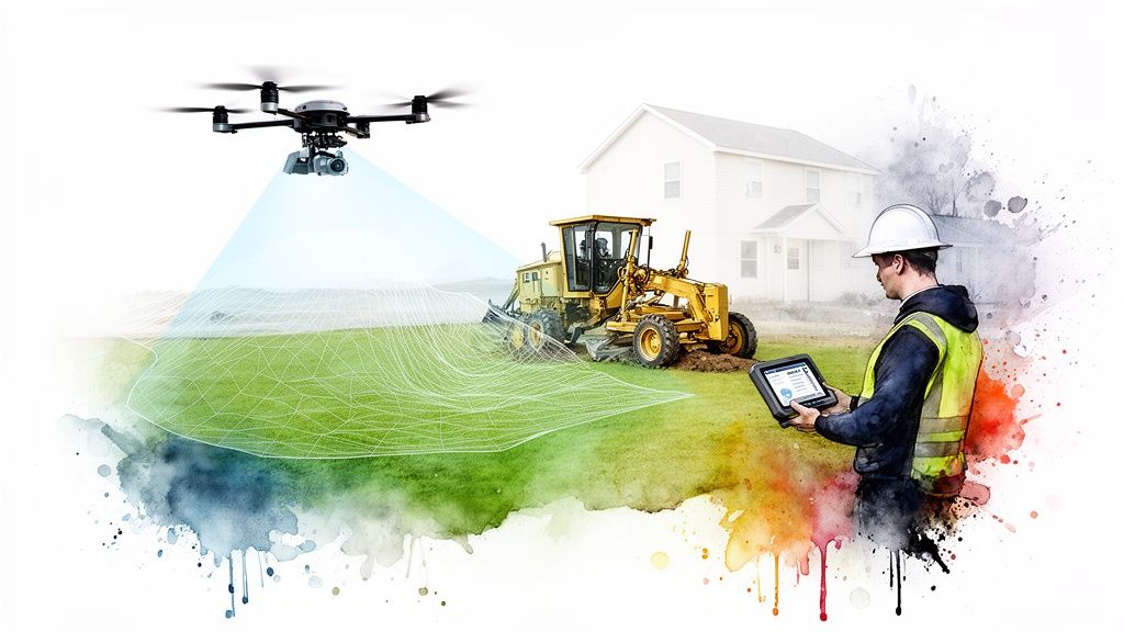 Drone surveying a construction site with a motor grader and worker using a tablet for data.