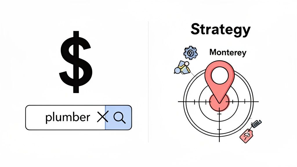 An image illustrating the cost of searching for a 'plumber' and a local marketing strategy targeting 'Monterey'.