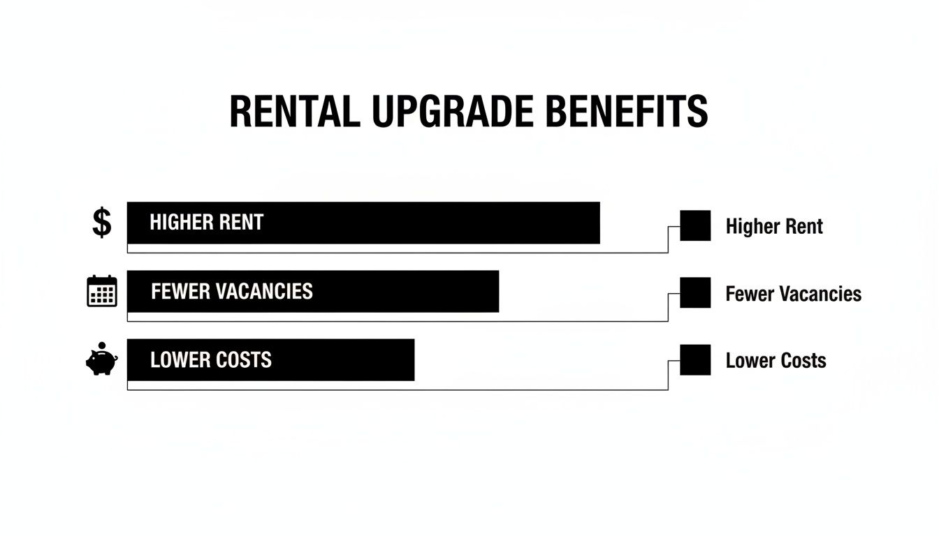 An infographic listing rental upgrade benefits: higher rent, fewer vacancies, and lower costs.