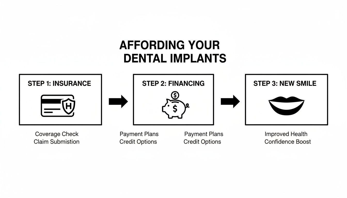 A diagram illustrating the three steps for affording dental implants: insurance, financing, and a new smile.