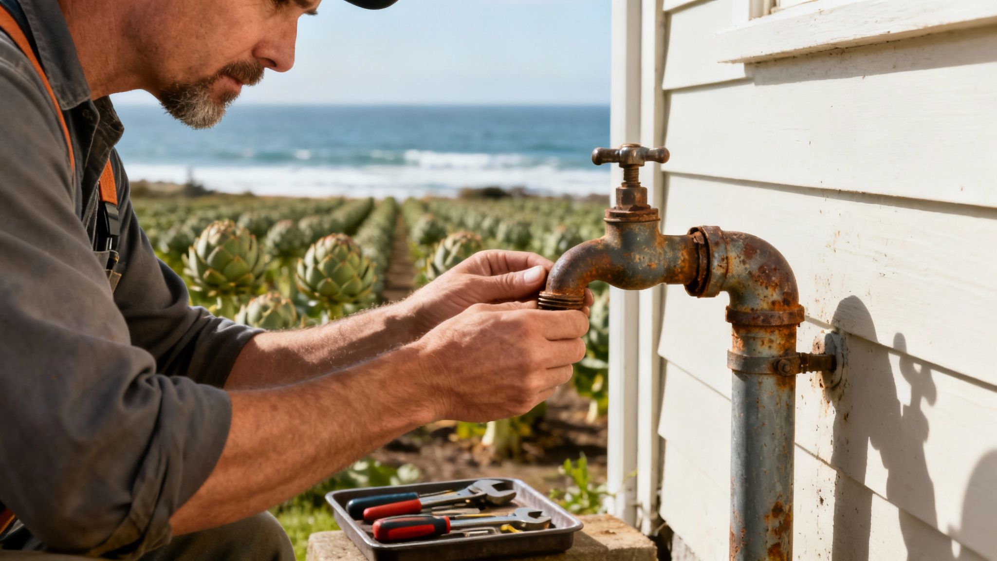 A plumber with over 35 years of experience inspecting pipes.