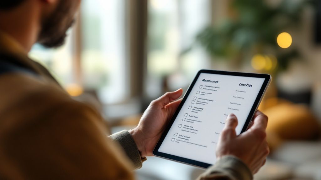A person smiles while video chatting with a tenant on their laptop, with a coastal view in the background.