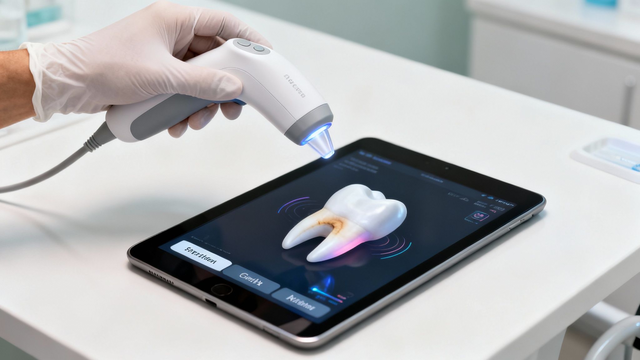 A gloved hand uses a modern dental scanner pointing at a tablet displaying a tooth model.