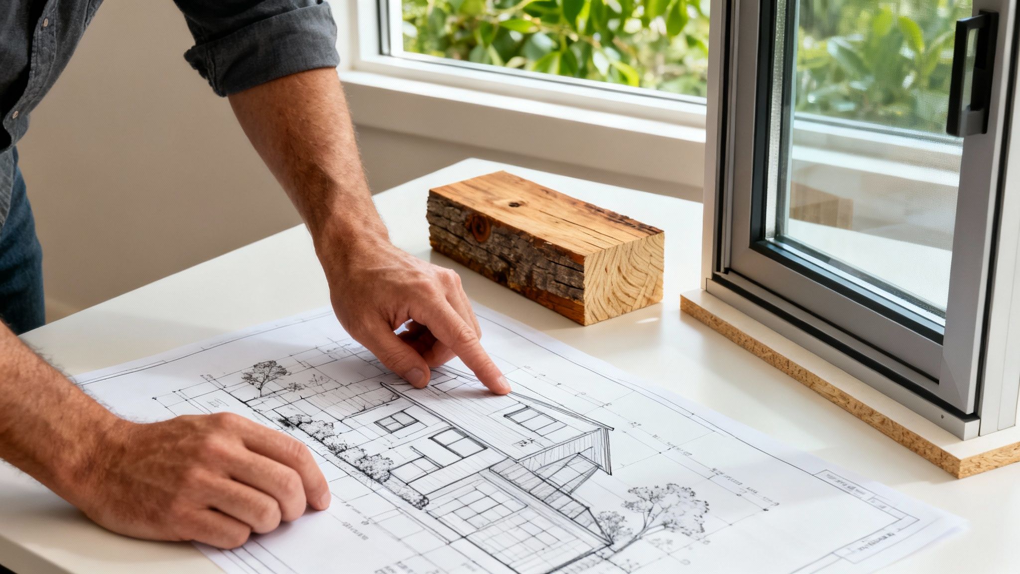 A modern home under construction, framed against a clear blue sky, showcasing sustainable wood framing and large window openings.