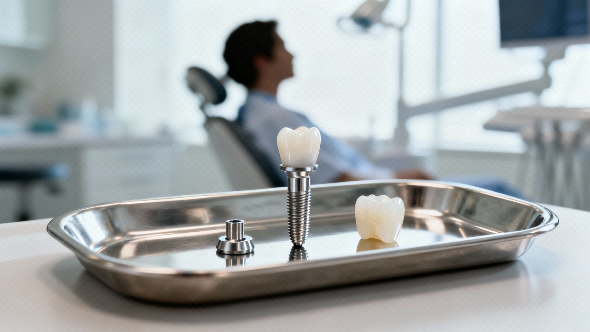 Dental implant components including a screw, abutment, and crown on a tray in a dental office.