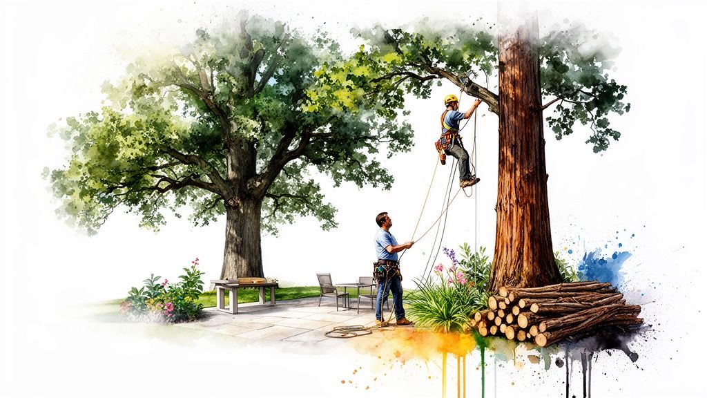 Two arborists trim trees: one safely climbs with ropes while the other assists on the ground.