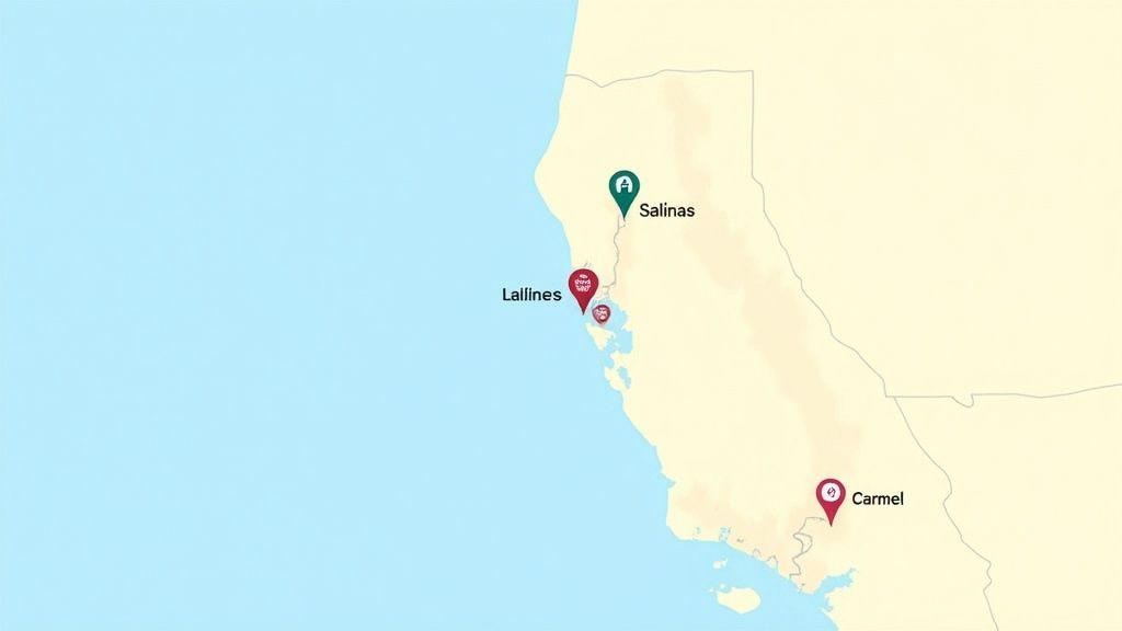 Map of California's central coast showing Salinas, Lallines, and Carmel with location pins.