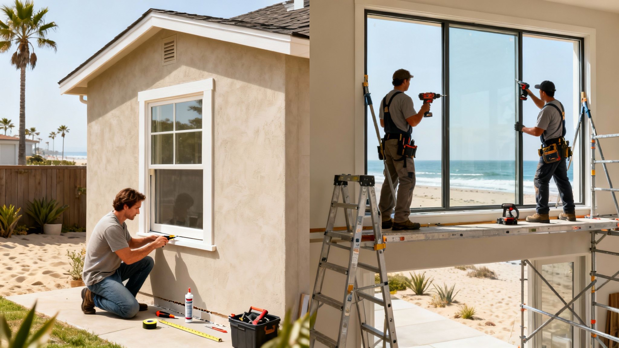 Two construction scenes: a man seals a house window, and professionals install large glass doors by a beach.
