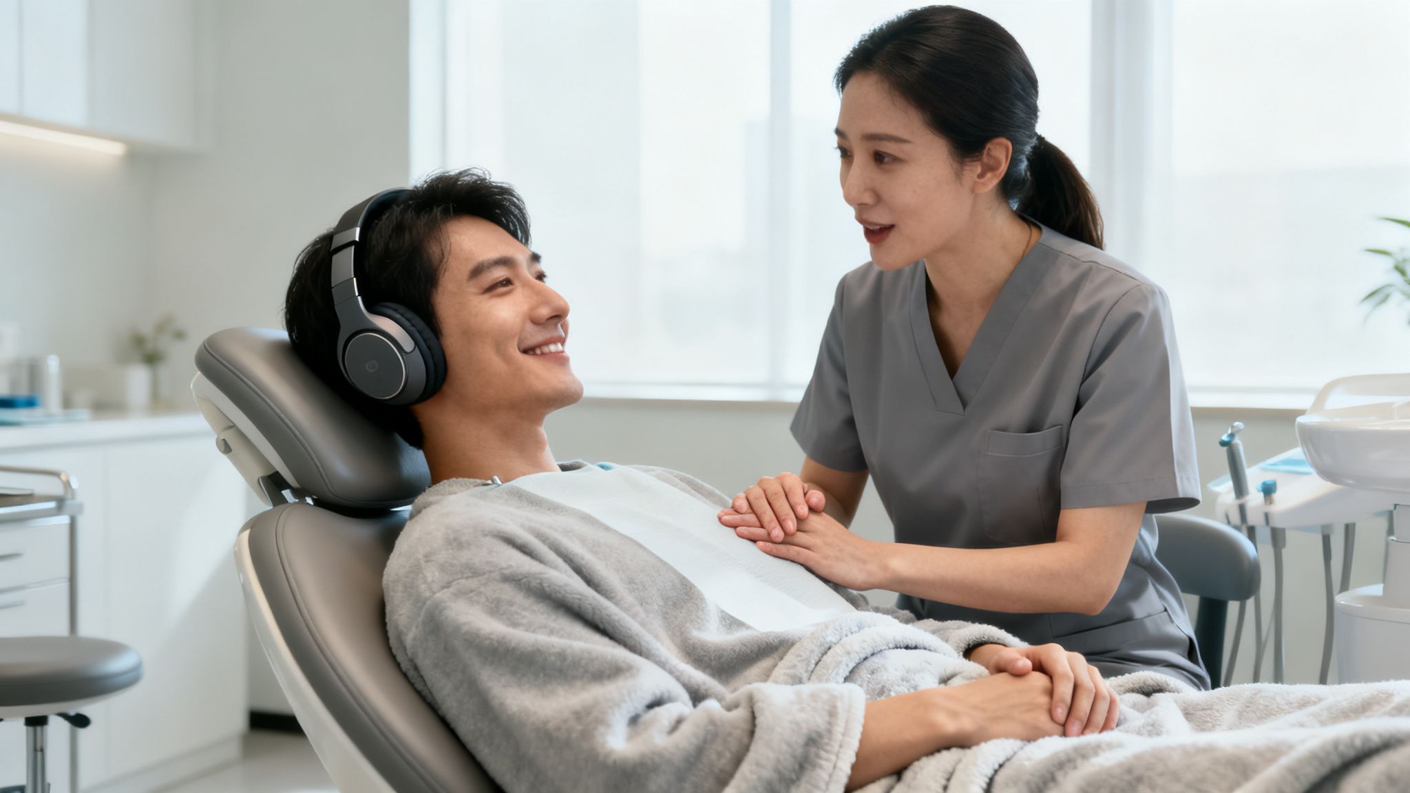 Smiling patient wearing headphones in a dental chair, comforted by a compassionate female dentist.