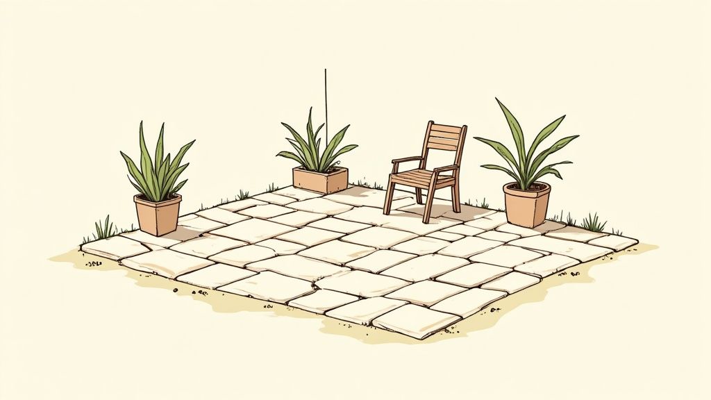 A luxurious natural stone patio with comfortable outdoor seating and a fireplace, set against a backdrop of lush greenery.